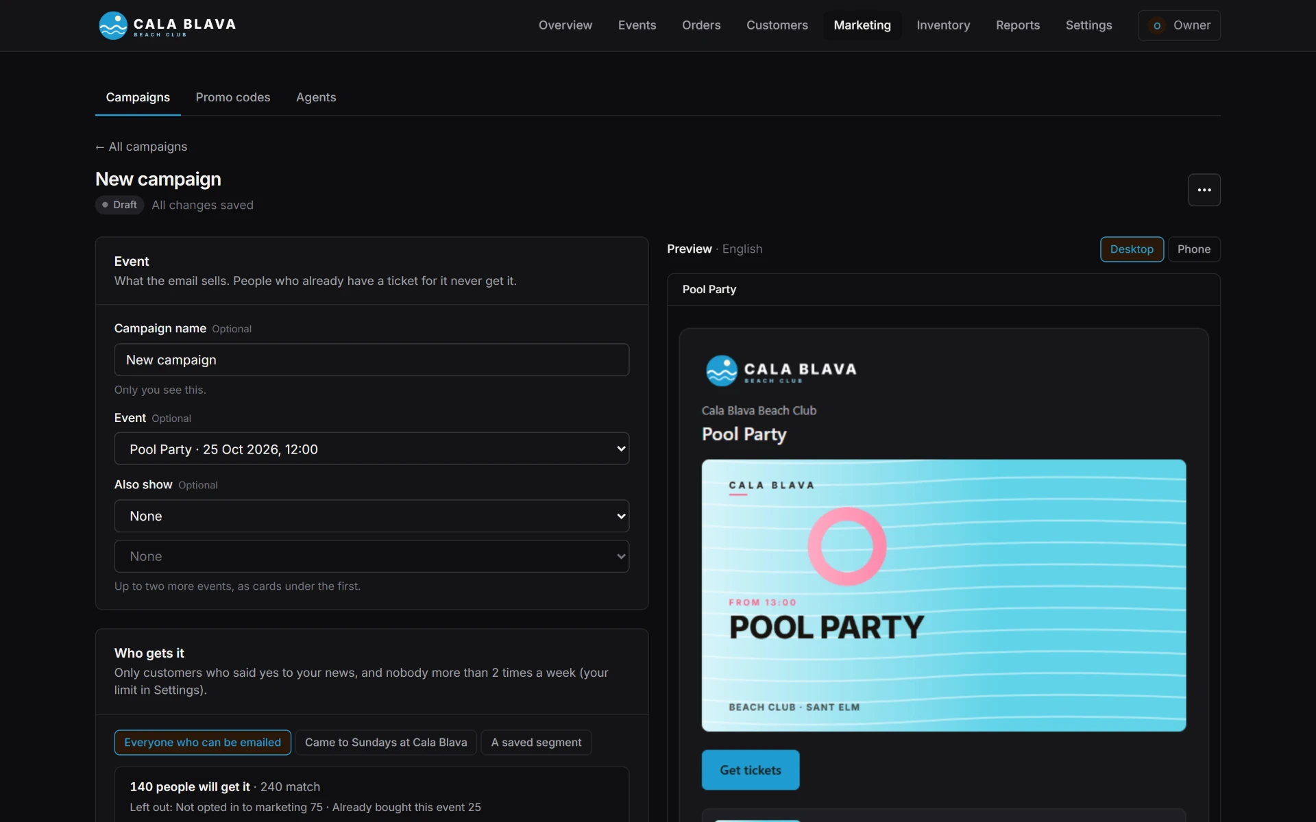 An email campaign being written in Floorful for an upcoming event