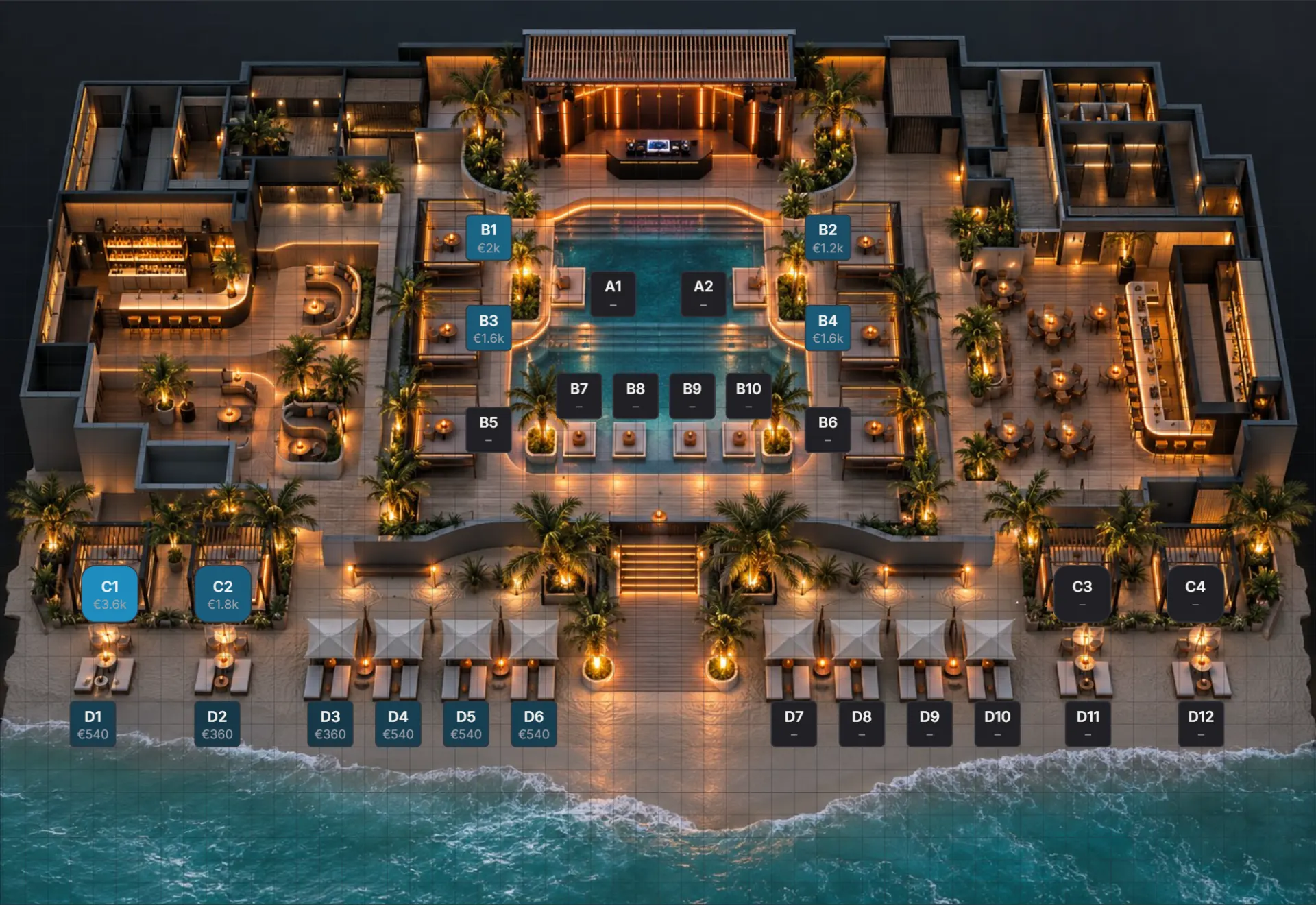 A beach club's plan in Floorful with each bed and cabana shaded by what it earned