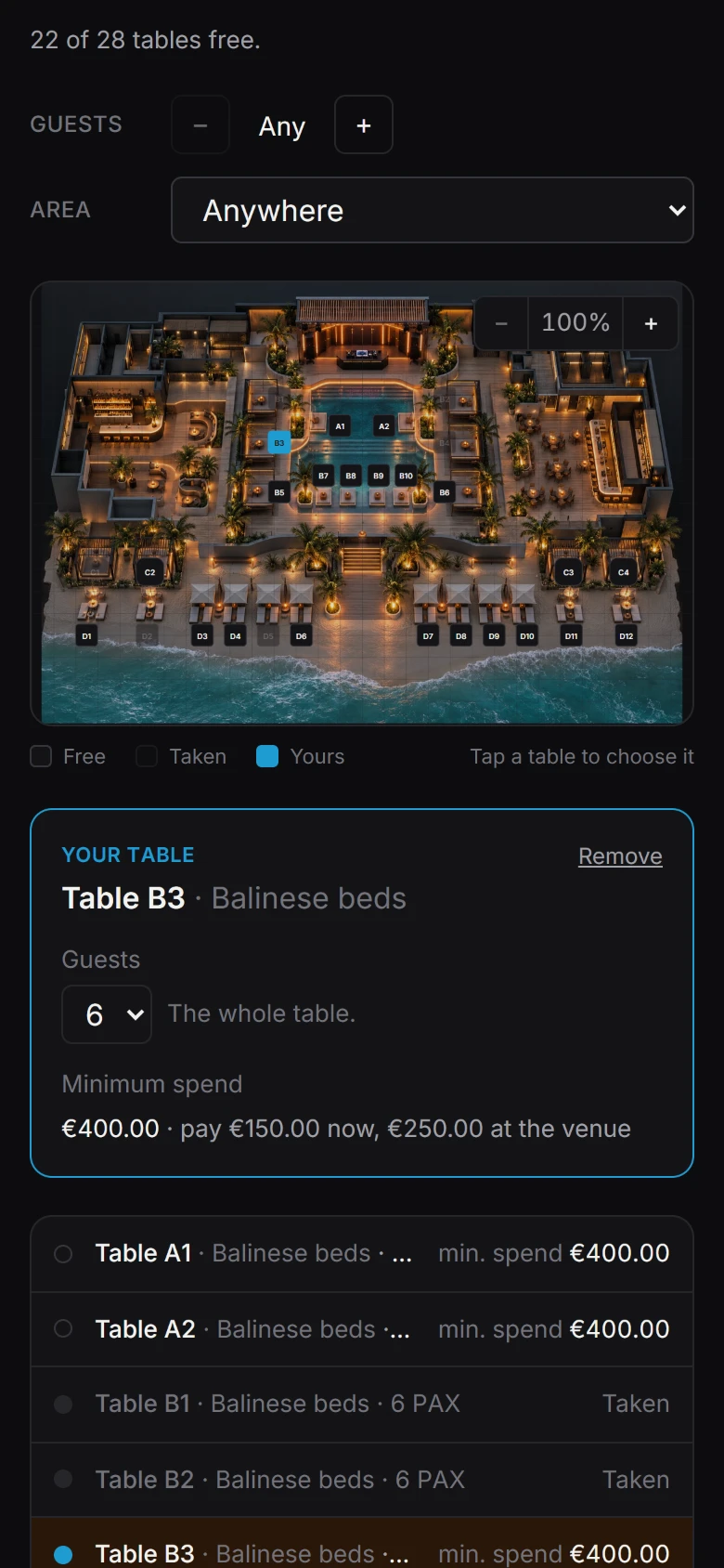 A guest choosing a spot on a phone from the venue's plan