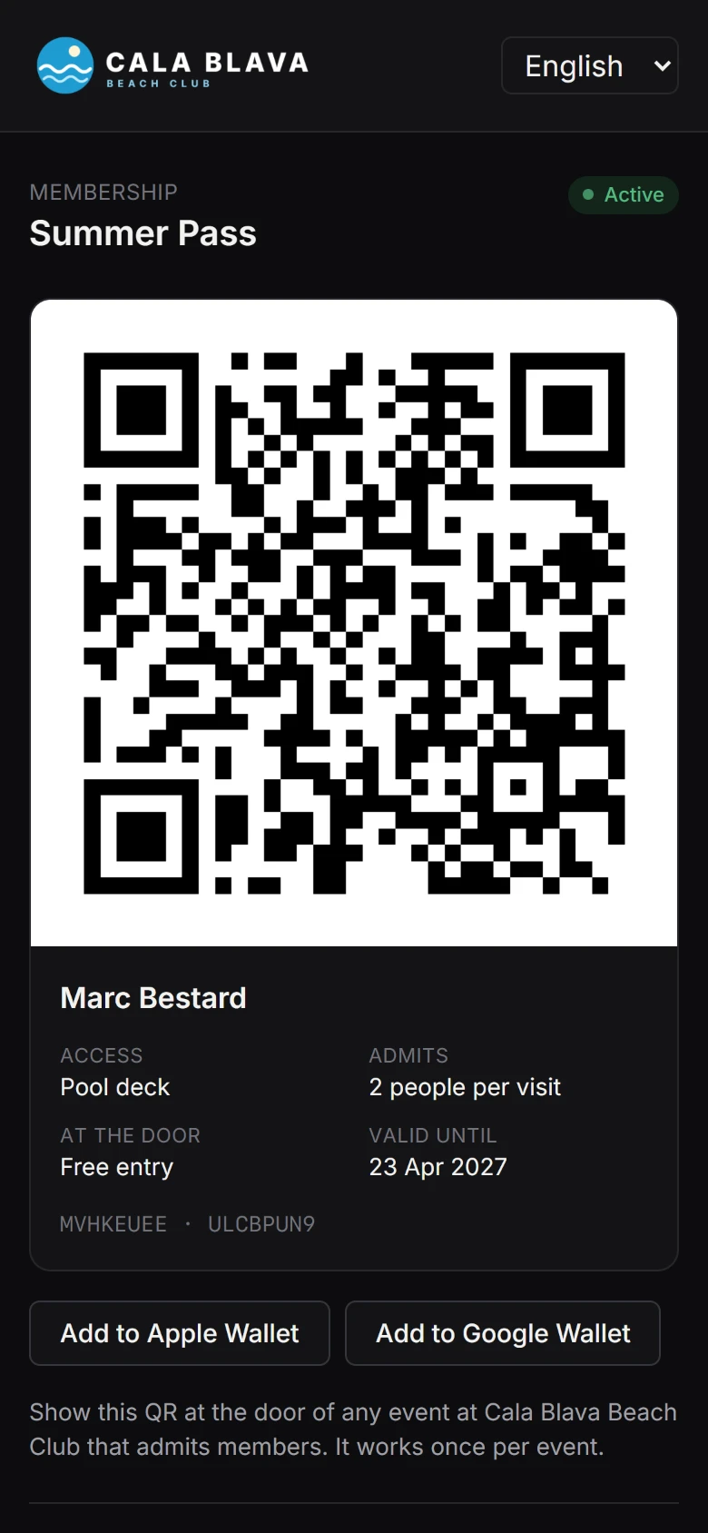 A membership pass on a phone with the member's name and QR code