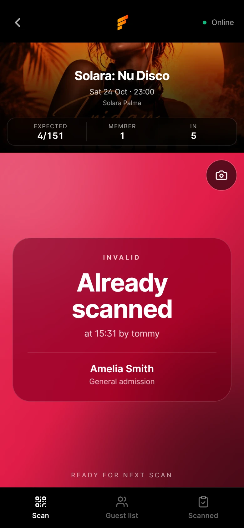 The Floorful door app refusing a ticket that was already scanned, with the time and staff member