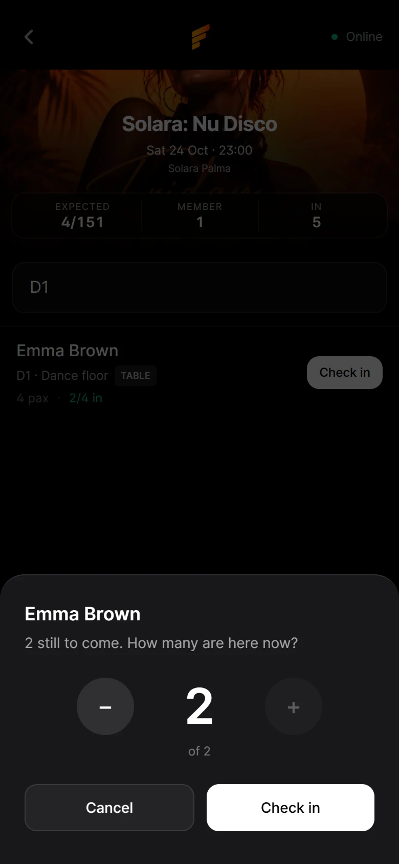 The door app checking in a table party, two of four already inside