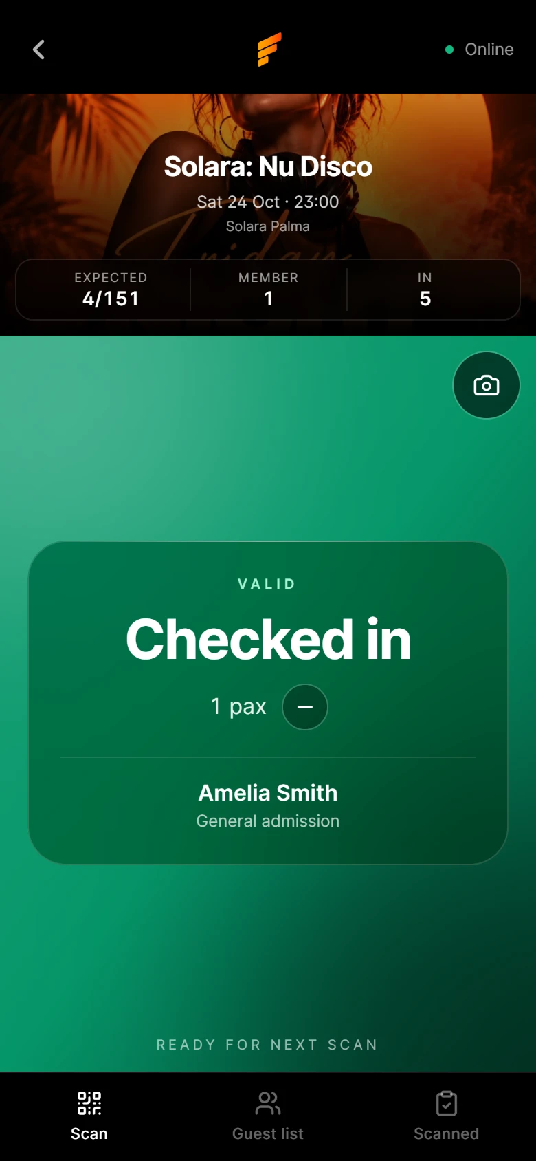 The Floorful door app showing a valid ticket scan