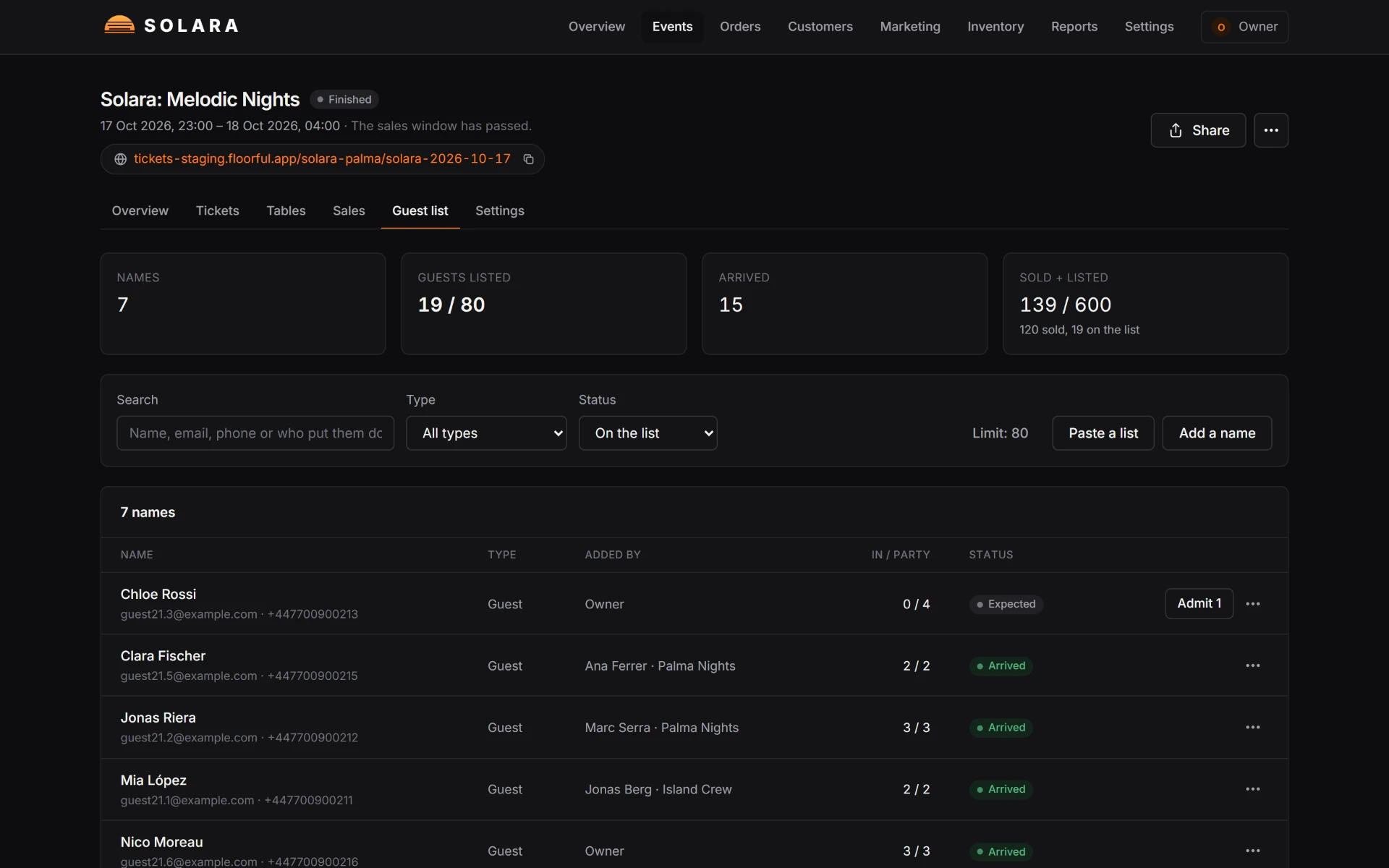 An event guest list in Floorful with arrivals and plus-ones