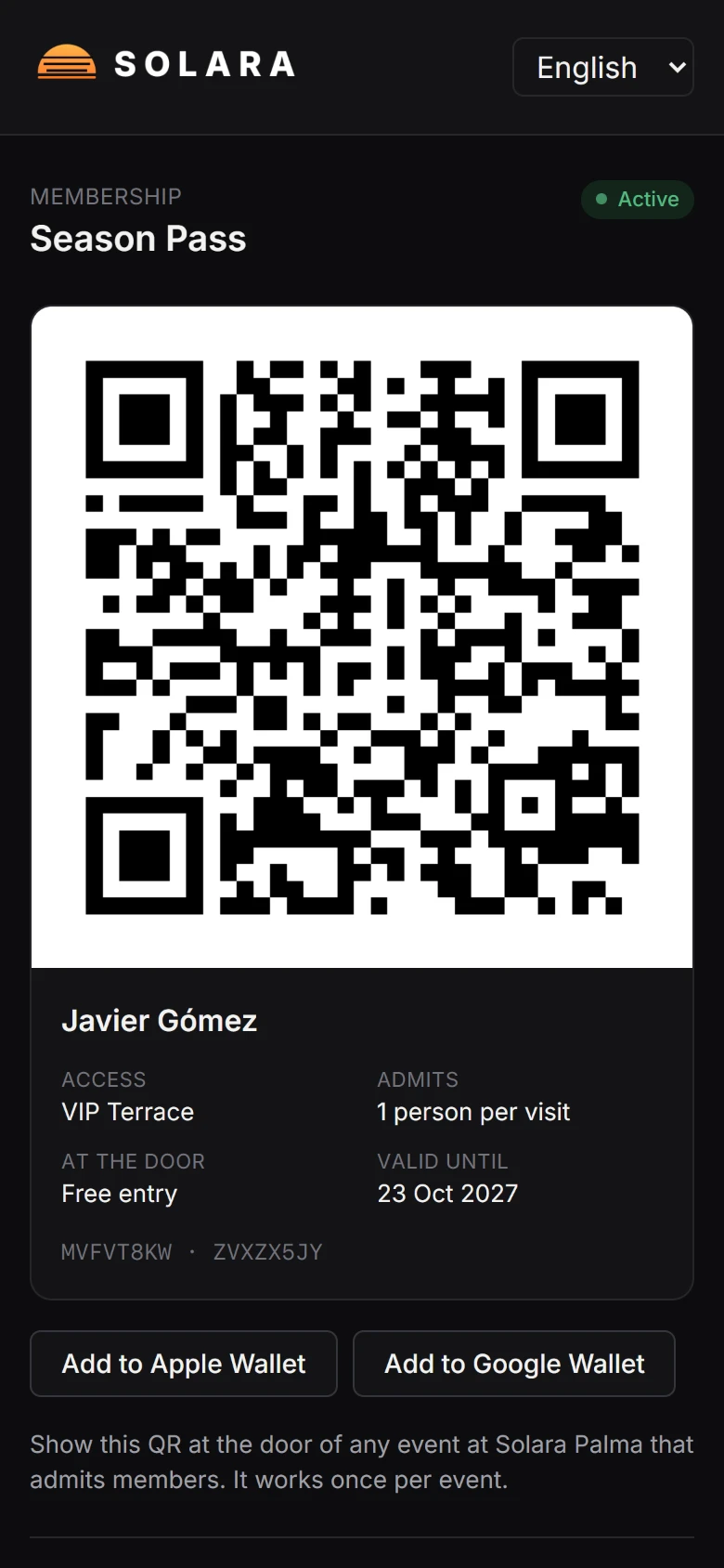 A membership pass on a phone with the member's name and QR code