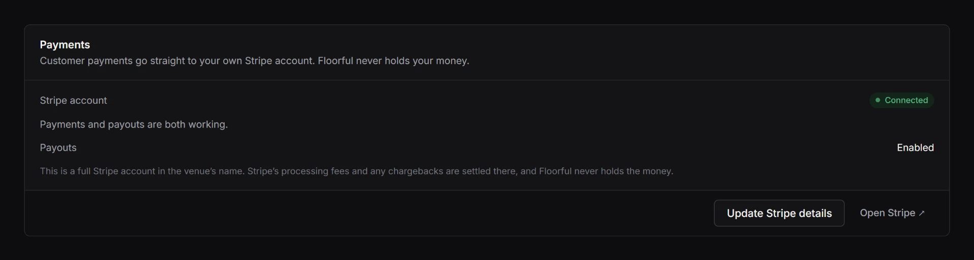The payments settings in Floorful with a connected Stripe account