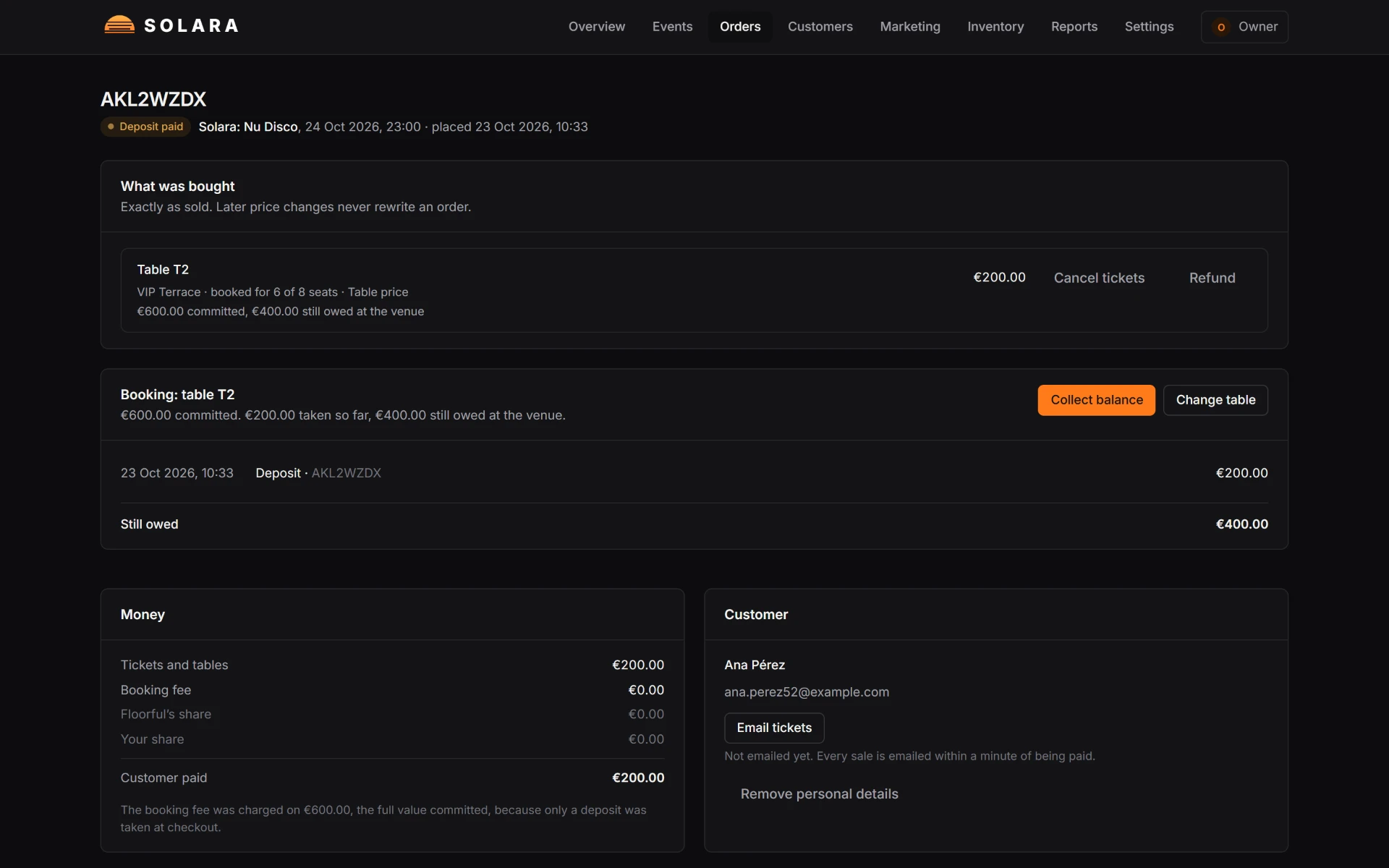 A table booking in Floorful showing deposit paid, balance due and party size