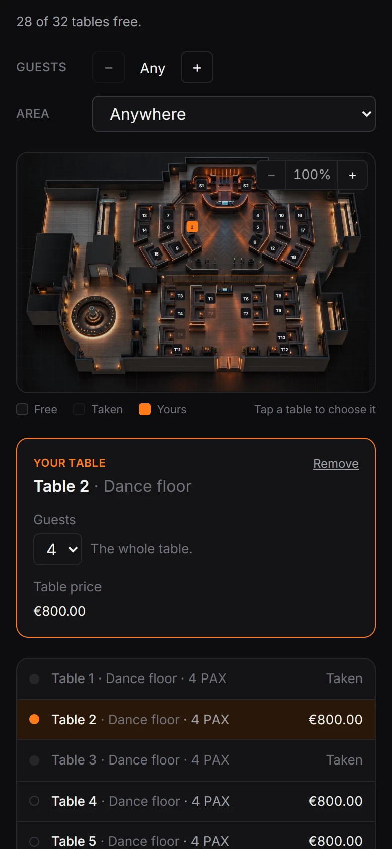 A guest choosing a VIP table on a phone from the venue's floor plan