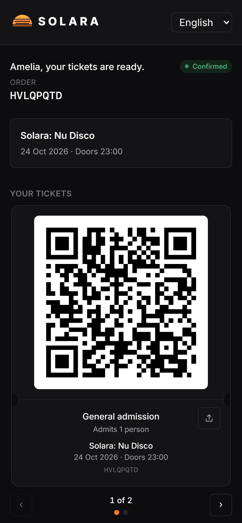 A guest's ticket on a phone with its QR code