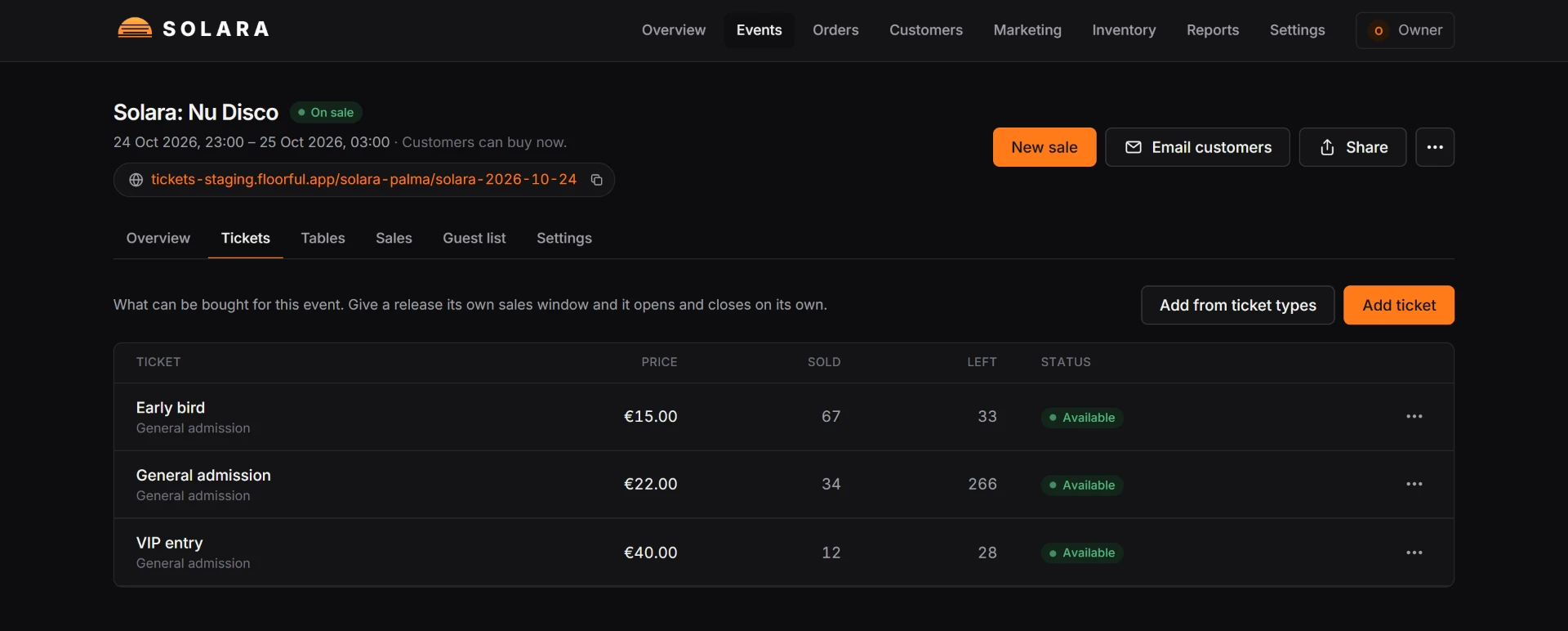 Ticket types for one night in Floorful, with releases, prices and quantities