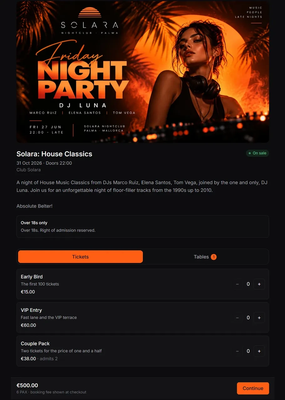 Floorful Solara event page showing event details, ticket options and checkout