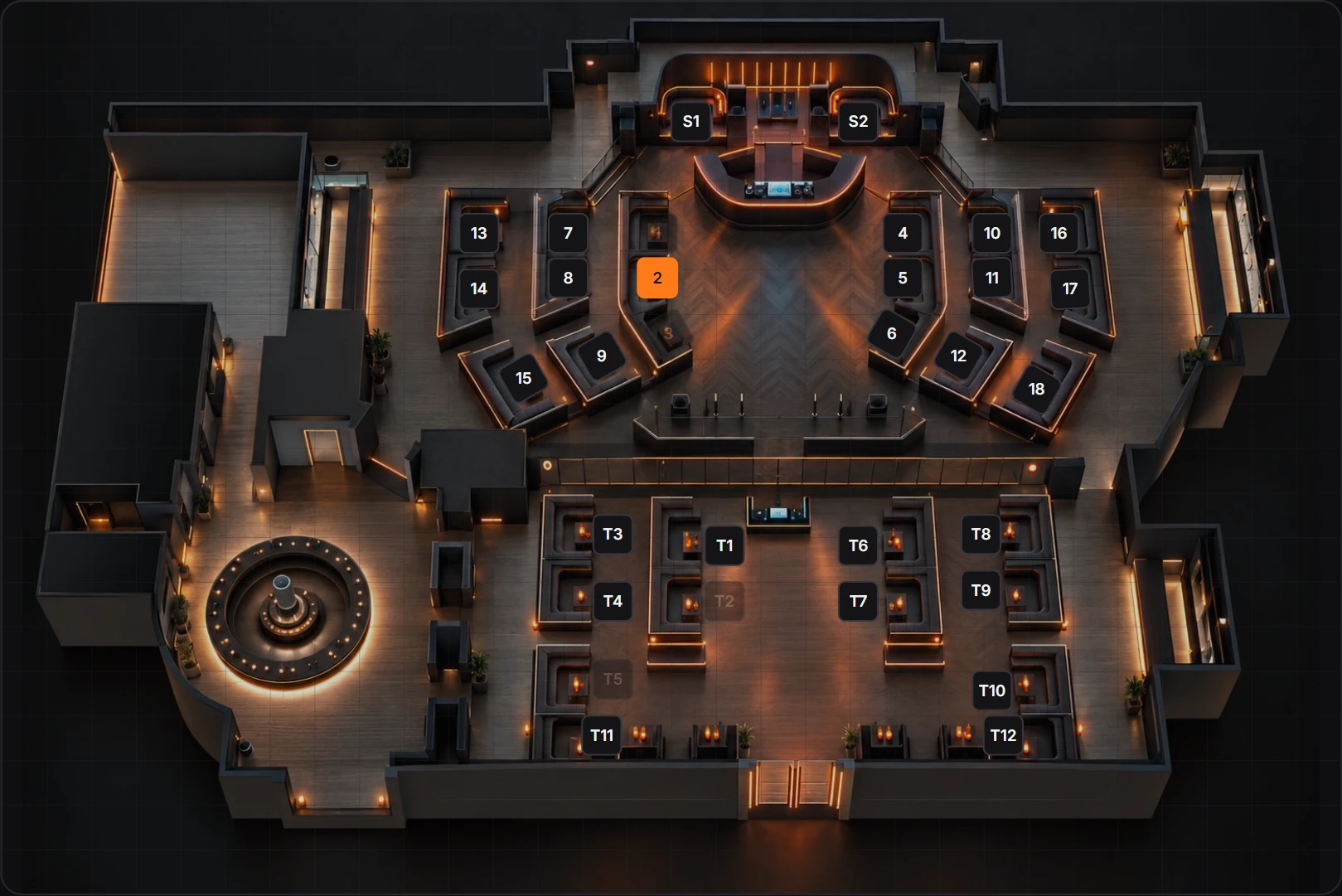 Illustrative top-down nightclub floor plan with one VIP table highlighted in orange